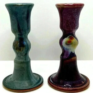 Signed & Dated Hand Thrown Pottery Candlesticks 2011 Purple & Blue Designs